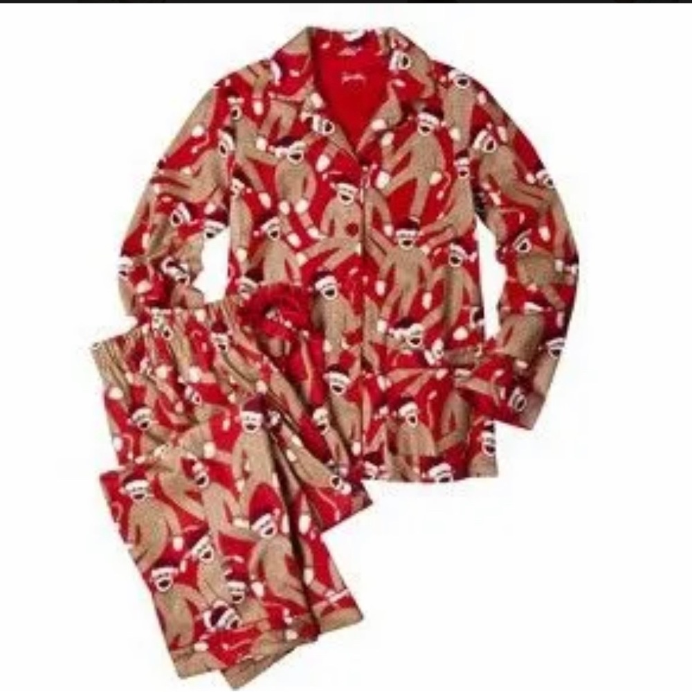 Nick & Nora Christmas Santa Sock Monkey Flannel Pajamas Set size Medium